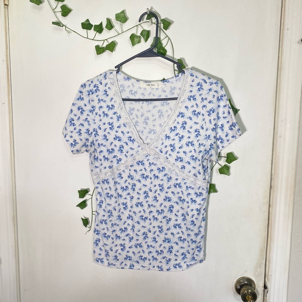 Blue Floral V-Neck Wrap Crop Top by Wild Love